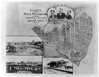 Ilustração com fotos traz mapa antigo de Villa Prudente, grafado ainda com dois "eles", que mostra os primeiros proprietários dos lotes vendidos pelos irmãos Falchi no loteamento em 1890. A montagem faz parte do acervo do Colégio João vinte e três