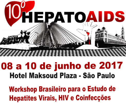 Logo do 10º HEPATOAIDS, formato pelo número 10º, escrito em branco, dentro de uma forma vermelha. Logo abaixo, há o texto HEPATOAIDS, sendo que HEPATO está em preto e AIDS em vermelho. Abaixo há um contorno da cidade de São Paulo com marcos da capital. Mais abaixo há o texto em vermelho 08 a 10 de junho de 2017. Abaixo há o texto escrito em preto Hotel Maksoud Plaza - São Paulo. E para finalziar, mais abaixo, há o texto escrito em vermelho Workshop Brasileiro para o Estudo de Hepatites Virais, HIV e Coinfecções.