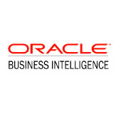 Logo do sistema Oracle, formado pelo nome da tecnologia todo em letras maiúsculas, na cor vermelha. Abaixo uma fina barra na cor cinza claro. E abaixo desta, o texto Business Intelligence, também todo em letras maússculas na cor preta.