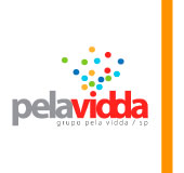 Logo do Pela Vidda, formado pelo nome da instituição escrito todo junto e em minúsculo, sendo a palavra Pela na cor cinza e Vidda em vermelho. Abaixo há o texto GRUPO PELA VIDDA/ SP, todo escrito em maiúsculo e na cor cinza. Acima dessa composição, há uma série de círculos coloridos, nas cores azul, amarelo, vermelho, azul claro e escuro e verde saindo do ponto da letra I.