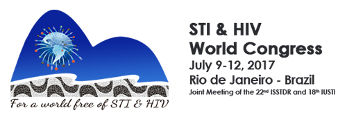 Logo STI & HIV World Congress, formado por uma ilustração do morro do pão de açúcar todo em azul, com uma imagem do planeta dentro. Abaixo já o fomoso calçadão de Ipanema, com seus ladrilhos preto e branco que formam uma orla. Abaixo da ilustração há o texto escrito em preto For a world free of STI & HIV. Ao lado direito dessa composição, também em preto, há o nome do congresso e o texto July 9-12, 2017, abaixo o texto Rio de Janeiro - Brasil.