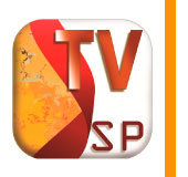 Logo do aplicativo TVSP, formado por um quadrado com bordas em curva. Na metade esquerda, há uma textura laranja, contornada com uma faixa em vermelho degadê. Na metade direita, o fundo é branco, com o texto TV em laranja e abaixo o texto SP em vermelho.
