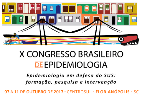 Logo do X Congresso Brasileiro de Epidemiologia, formato por um conjunto de casas coloridas ao fundo. No primeiro plano há um branco, com um pescador caçando peixes. Abaixo há o nome do congresso em preto, mais abaixo o subtítulo do evento Epidemiologia em defesa do SUS: formação, pesquisa e intervenção, e mais abaixo, em laranja 07 a 11 de outubro de 2017 - Centrosul - Florianópolis - SC