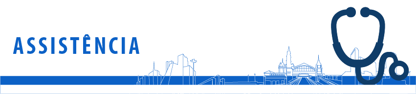 Banner superior com fundo branco, escrito em azul Assistência e uma ilustração de um estetoscópio à direita. O banner possui ainda uma barra azul inferior e um contorno dos principais monumentos da cidade de São Paulo.