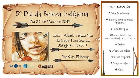 Além das informações descritas no texto abaixo, o cartaz tem a forma de um papiro. À esquerda, a ilustração de uma criança índígena. Para cada tópico informativo, há uma flecha indicando para a programação. Na parte inferior, os logotipos do apoio.