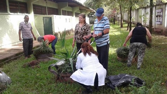 Pacientes cuidam de plantas em jardim na UBS Parque Araribá