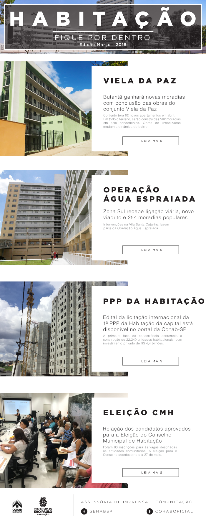 Na imagem, um informativo com o título "Habitação - Fique por dentro - Edição Março 2018". Abaixo, as notícias sobre Viela da Paz, Operação Água Espraiada, Parceria Publico Privada da Habitação e Eleição da Conselho Municipal de Habitação. 