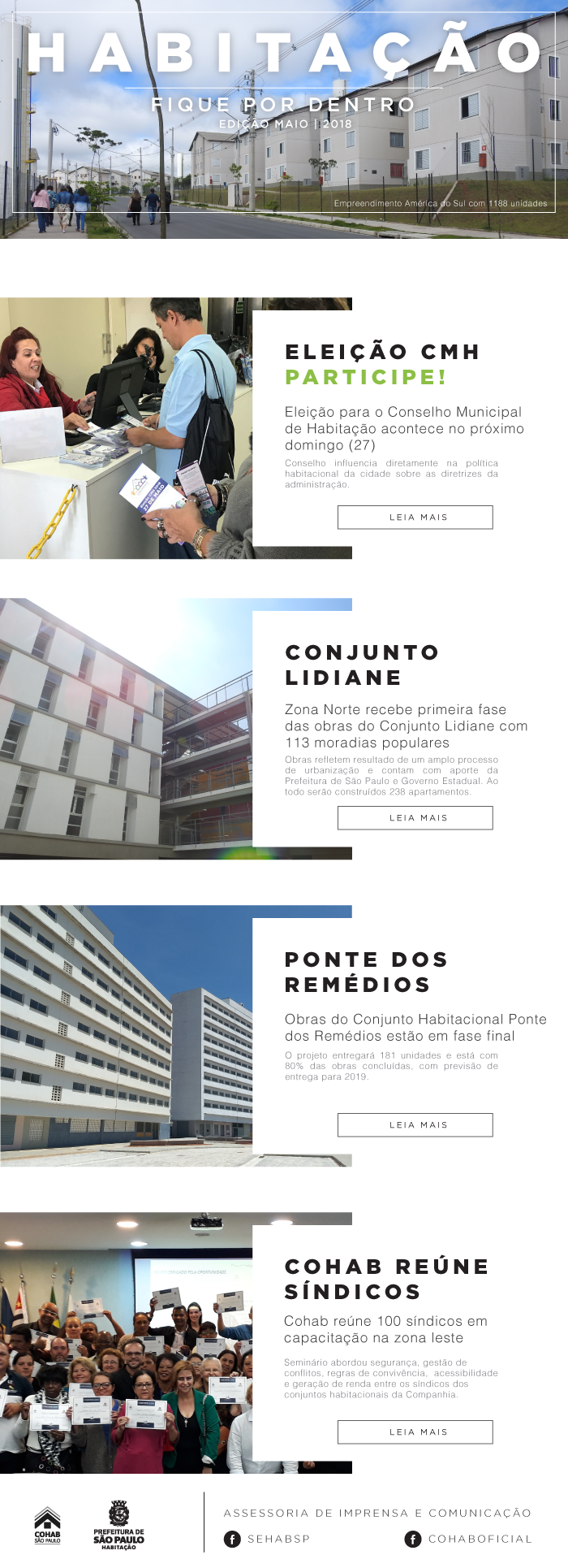 Na imagem, um informativo com o título "Habitação - Fique por dentro - Edição Maio 2018". Abaixo, as notícias sobre a Eleição do Conselho Municipal de Habitação, o Conjunto Lidiane, a Ponte dos Remédios e a Capacitação de síndicos pela COHAB. 