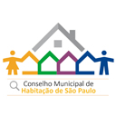 Na imagem, o logotipo do Conselho Municipal de Habitação de São Paulo, ilustrando duas pessoas ao redor de uma casa.