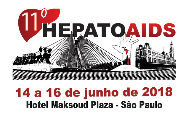 Logo do 11º HEPATOAIDS, formato pelo número 11º, escrito em branco, dentro de uma forma vermelha. Logo abaixo, há o texto HEPATOAIDS, sendo que HEPATO está em preto e AIDS em vermelho. Abaixo há um contorno da cidade de São Paulo com marcos da capital. Mais abaixo há o texto em vermelho 14 a 16 de junho de 2018. Abaixo há o texto escrito em preto Hotel Maksoud Plaza - São Paulo.