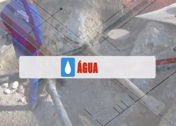 Imagem com a palavra "água" na cor vermelha e centralizada. Em sua lateral esquerda um ícone na cor azul simbolizando uma gota d'água.