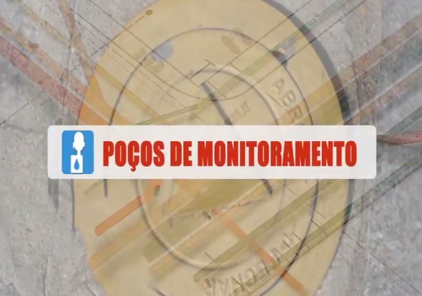 Imagem com a palavra "poços de monitoramento" na cor vermelha e centralizada. Em sua lateral esquerda um ícone na cor azul simbolizando um poço.