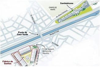 Este desenho mostra o Rio Tietê na altura da Ponte da Casa Verde e os prédios que farão parte do projeto Fábrica dos Sonhos, em formato de losango. Essa obra ficará na Marginal Tietê sentido Penha.