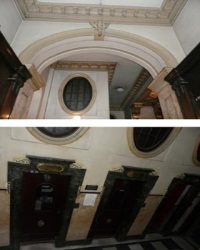 A foto, colorida, mostra os detalhes do interior do prédio como seus elevadores e o teto que serão restaruados.