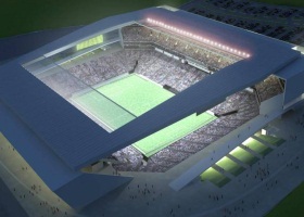 a imagem mostra uma foto de como ficará o estádio de futebol todo iluminado à noite, com as arquibancadas cobertgas.