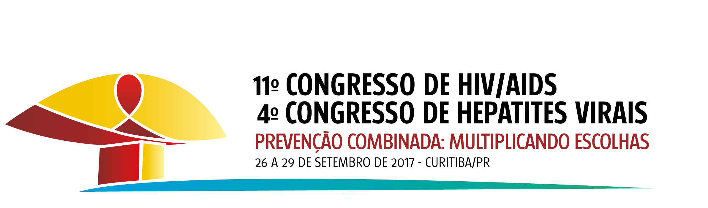 Logo do 1º Congresso de HIV/Aids e 4º Congresso de Hepatites Virais, formado pela ilustração do monumento do olho, de Niemayer, na cor amarela, com um detalhe em vermelho ao centro e a base do olho também em vermelho. Ao lado direito da ilustração, há o nome do congresso escrito em preto, mais abaixo o subtítulo do evento Prevenção Combinada: Multiplicando Escolhas escrito em vermelho, e mais abaixo o texto em preto 26 a 26 de setembro de 2017 - Curitiba/PR.