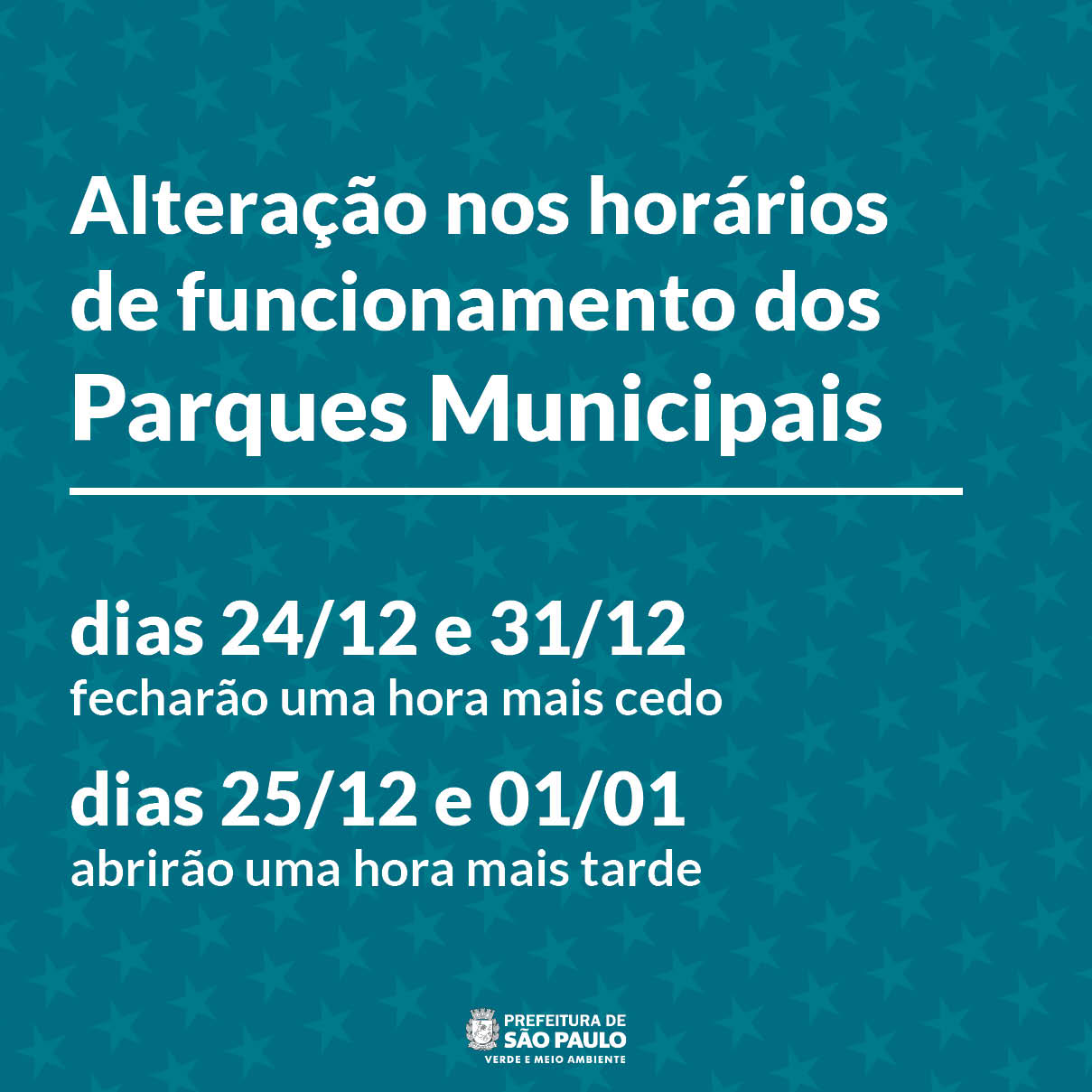 Horário de Funcionamento dos parques municipais durante Natal e Ano Novo |  Secretaria Municipal do Verde e do Meio Ambiente | Prefeitura da Cidade de  São Paulo