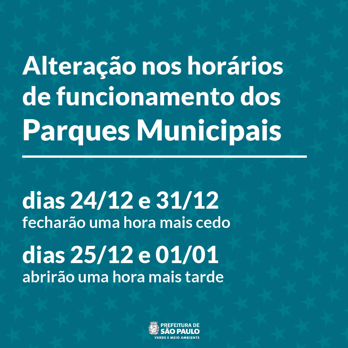 Horário de Funcionamento dos parques municipais durante Natal e Ano Novo | Secretaria Municipal do Verde e do Meio Ambiente | Prefeitura da Cidade de São Paulo Horário de Funcionamento dos parques municipais durante Natal e Ano Novo | Secretaria Municipal do Verde e do Meio Ambiente | Prefeitura da Cidade de São Paulo