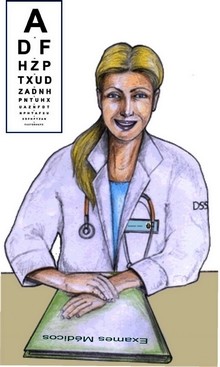 Desenho de uma médica, loira, de jaleco e estetoscópio, sentada em frente a mesa sorrindo. Ao fundo, placa com letras de diferentes tamanhos para exame de vista.