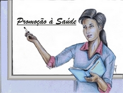 Desenho: Professora segurando um livro aberto com a mão esquerda. Na mão direita, um caneta indicando para o título "Promoção à Saúde" que está escrito no quadro. 