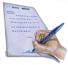 Desenho de uma mão do médico assinando o laudo médico. Letras e caneta em azul. 