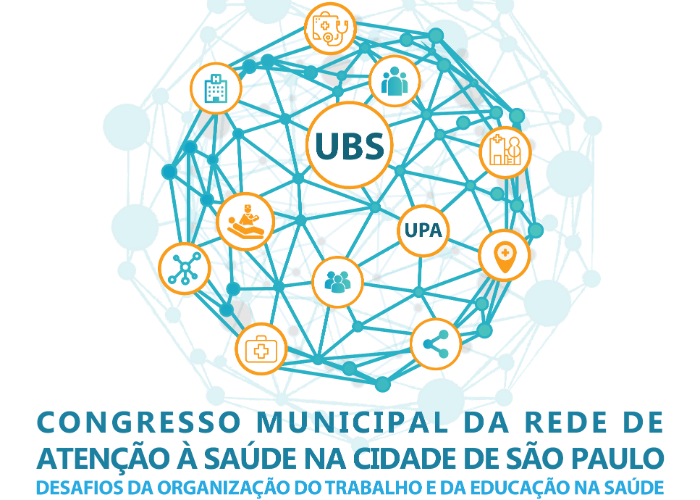 Logo formado por uma rede de conexões de serviços de saúde. Abaixo há o nome do congresso em verde-água. Logo abaixo, há também em verde-água o subtítulo do evento: Desafios da Organização do Trabalho e da Educação na Saúde