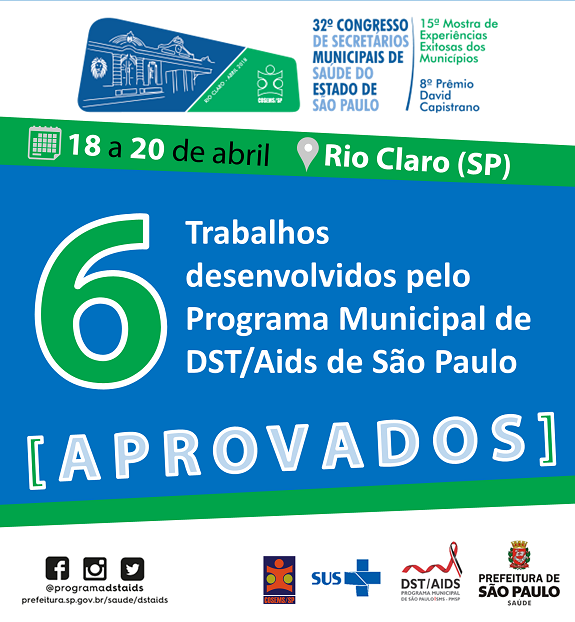 A data do cartaz (18 a 20 de abril) e o local do evento Rio Claro escritos em fundo verde; a frase seis trabalhos desenvolvidos pelo Programa Municipal de DST/AIDS de São Paulo aprovados escritos em fundo azul-céu; logomarcas do COSEMS-SP, do SUS, da DST/AIDS, da Prefeitura Municipal de São Paulo e das redes sociais escritos em fundo branco