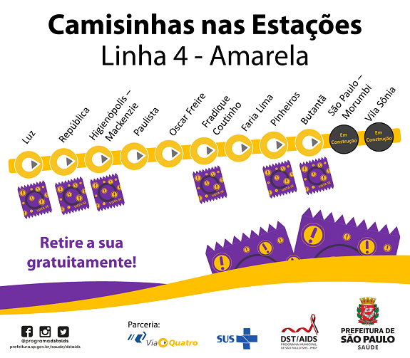 Cartaz com fundo branco com letras em preto e lilás que reproduz em amarelo o desenho esquemático das estações da linha amarela do metrô