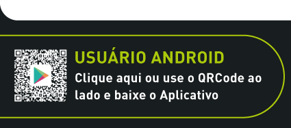 #PraCegoVer: num fundo preto há um QRCode do lado esquerdo. Equivalente textual: Usuário Android - Clique aqui ou use o QRCode ao lado e baixe o aplicativo.