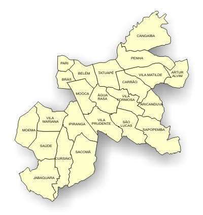 mapa da região sudeste do município de São Paulo, com a divisão por distrito