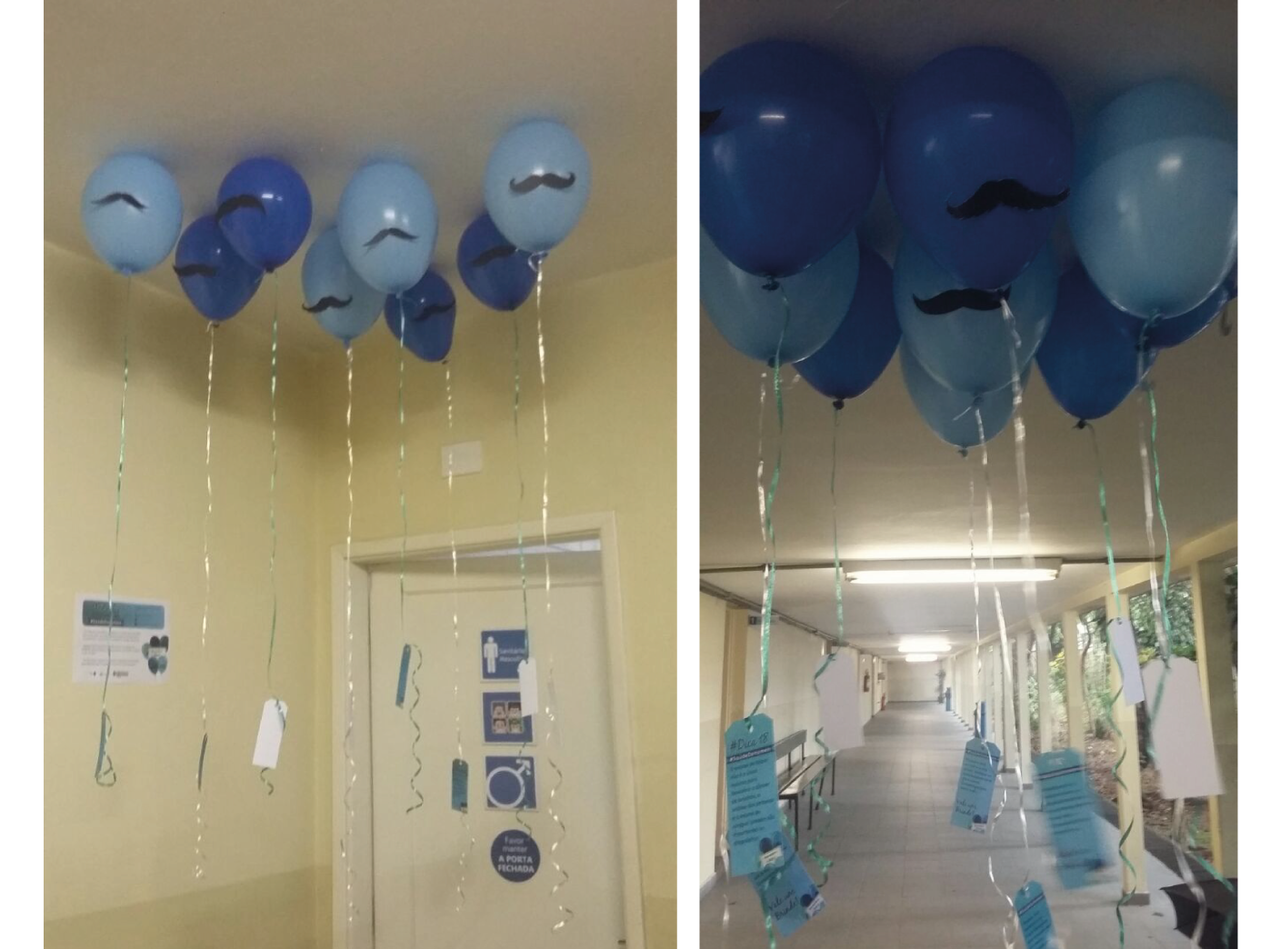 (descrição da imagem: Fotos da decoração do prédio do CEDEPS com bexigas azuis com bigodes)