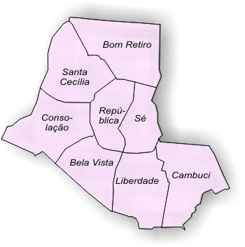 mapa da região centro do município de São Paulo, com a divisão por distrito