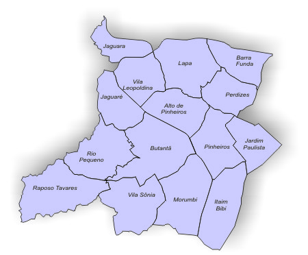 mapa da região oeste do município de São Paulo, com a divisão por distrito