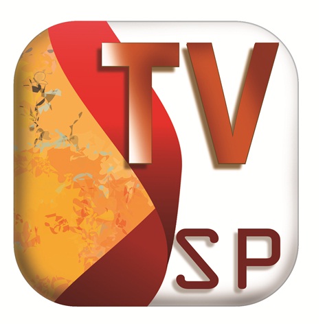 Logo do aplicativo TVSP, formado por um quadrado com bordas em curva. Na metade esquerda, há uma textura laranja, contornada com uma faixa em vermelho degadê. Na metade direita, o fundo é branco, com o texto TV em laranja e abaixo o texto SP em vermelho.
