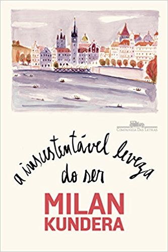 Capa do livro A insustentável leveza do ser. Fundo branco com ilustração de uma cidade