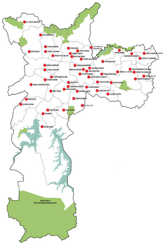 mapa da cidade de São Paulo com pontos em em vermelho marcando localização das bibliotecas de bairroo