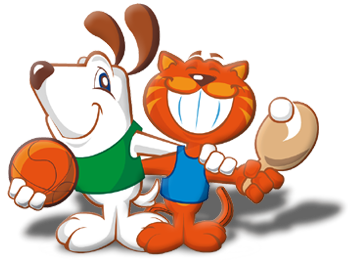 Imagem mostra mascotes dos Jogos da Cidade, cachorro com bola na mão e gato com raquete na mão