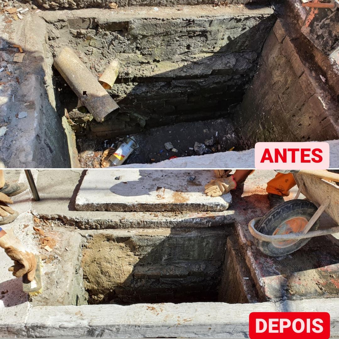 montagem com duas fotos. a primeira mostra canos e a segunda o fechamento da ligação clandestina