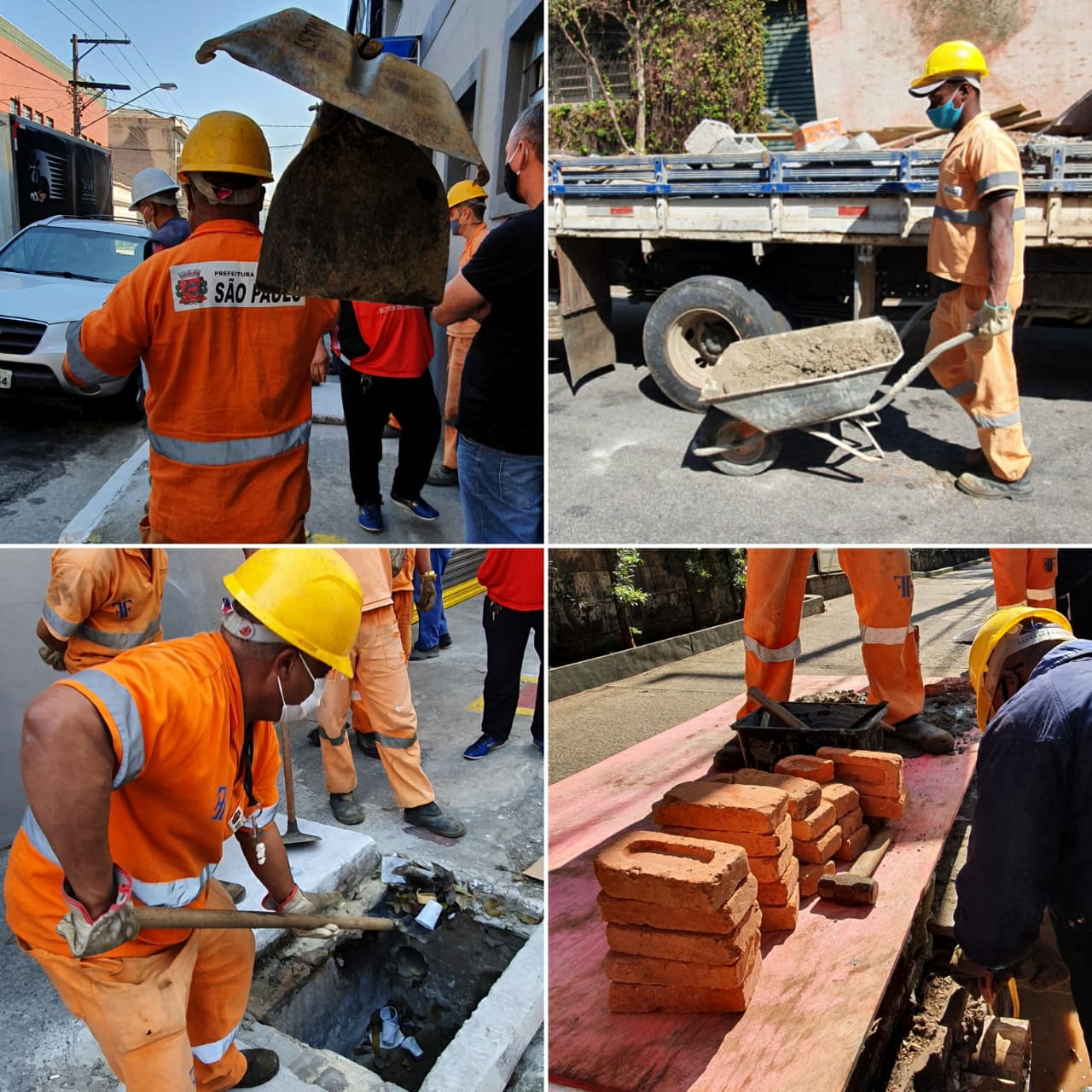 montagem com quatro fotos dos funcionários com pás, carrinho, recolhendo lixo e assentando tijolos