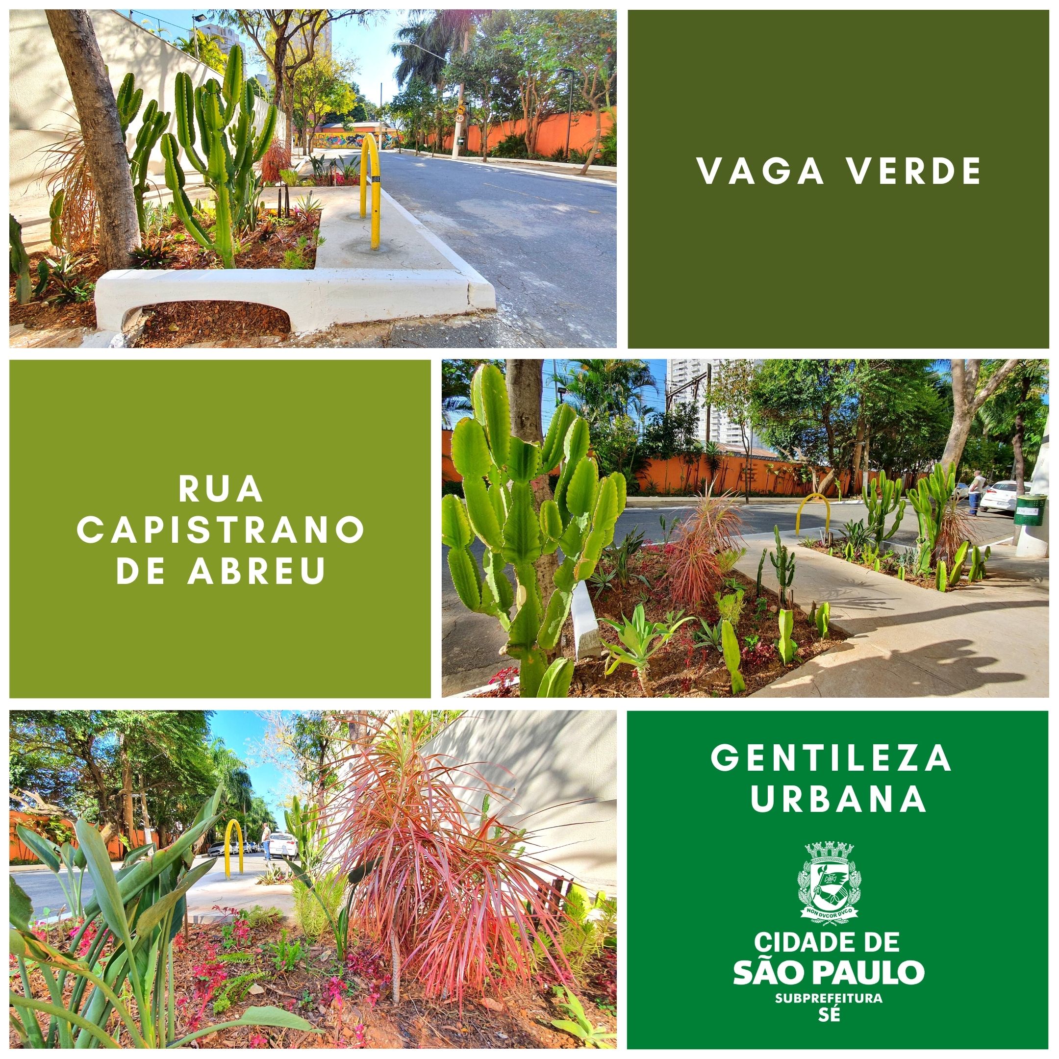 Três fotos mostram o jardim da Capistrano de Abreu. Há o logotipo da Subprefeitura Sé.