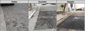 Antes durante e depois do serviço de tapa-buraco na rua Barreto Muniz