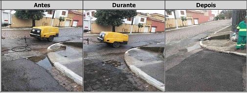 Antes, durante e depois do serviço de Tapa-Buraco na rua Juvenal Viêira da Silva