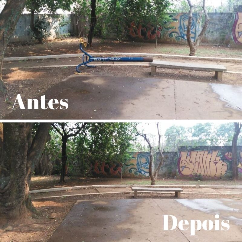 Antes e depois da limpeza na praça da rua Antônio Ferraz de Araújo