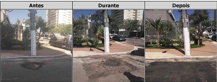 Antes, durante e depois do serviço de tapa-buraco na rua Itaibi