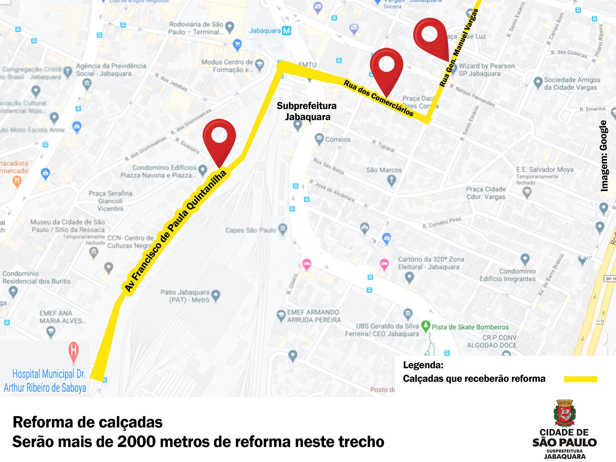 Imagem com o mapa do Jabaquara e pitado na cor amarela as ruas que receberam reformas em suas calçadas.