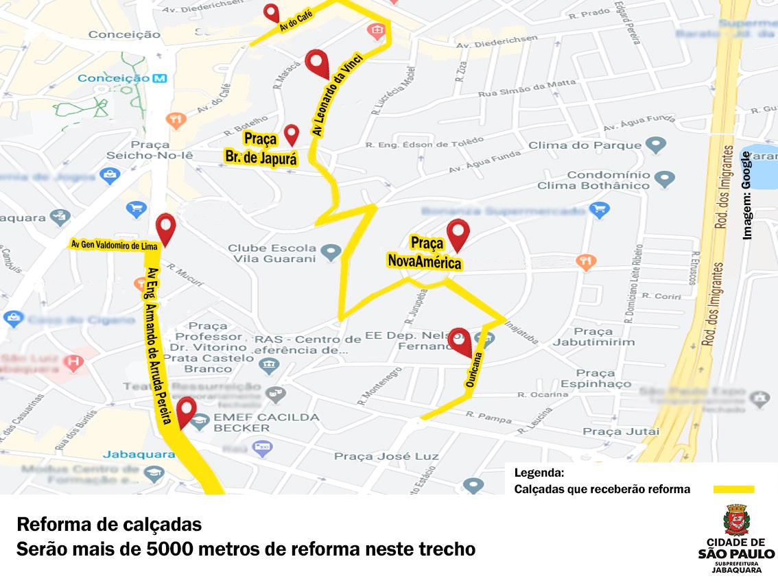 Imagem com o mapa do Jabaquara e pitado na cor amarela as ruas que receberam reformas em suas calçadas.