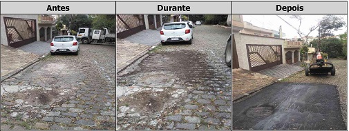 Antes, durante e depois do serviço de tapa-buraco na rua Eugênio Falk