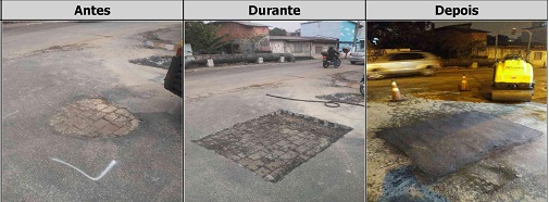 Antes, durante e depois do serviço de tapa-buraco na rua Joaquim Pereira 