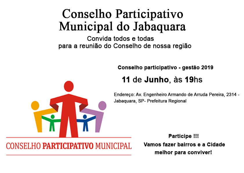 Logotipo do com ilustrações dando as mãos, logo abaixo escrito "Conselho Participativo" - ao lado são encontradas as informações sobre local e data que ocorrerá a reunião