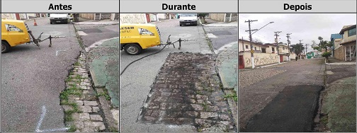 Antes, durante e depois do serviço de tapa-buraco na rua Eugênio Falk 